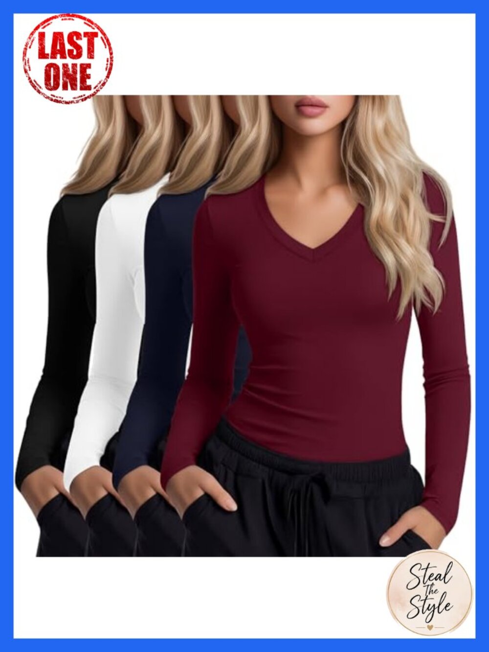 Women's long sleeve under scrubs V-neck slim fit cotton spandex 4 pack